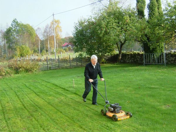 Ivan klipper gräset för sista gången i år på Danhäll, 15/10 -06