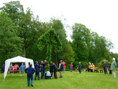 Resning av midsommarstången i hembygdsparken i Broaryd ..