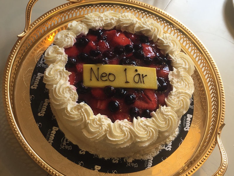 Fest för Neo som nyligen fyllt ett år. Födelsedagstårtan. Hultabo den 31 juli 2017.
