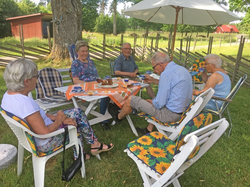 Trevlig sommarfika i Coronatider: Eva, Toje, Birgitta, Gudmund och Elsie på Danhäll. 24 juni 2020.